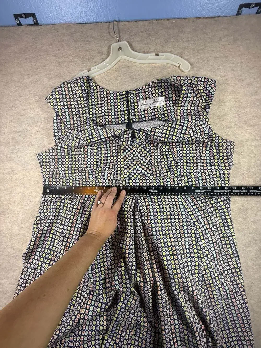 Cherry Velvet Plus Navy Dot Print Fit Flare cap sleeve 3x Dress pockets rockabil